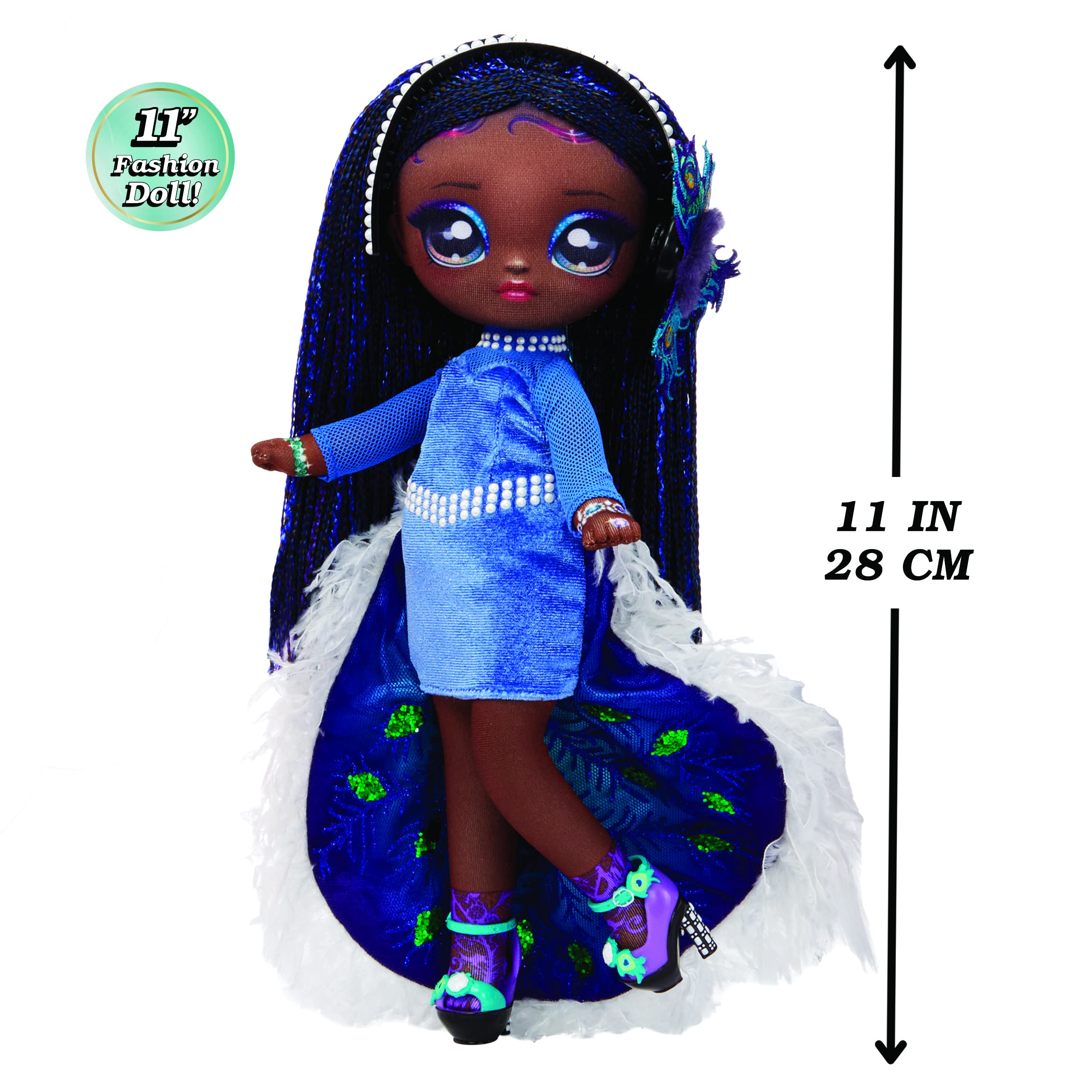 Na Na Na Surprise Teens 11" Fashion Doll Queenie Plume, Soft, Poseable, Black Hair, Peacock-Inspired Outfit & Accessories, Gift for Kids, Toy for Girls & Boys Ages 5 6 7 8+ Years - Image 3